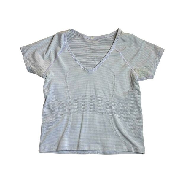 Lululemon Blue v neck Speedy Short Sleeve T-shirt Cropped Size 8 - Picture 1 of 5
